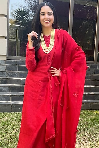 Radiant Red Embellished Kurta Set by DOHR INDIA