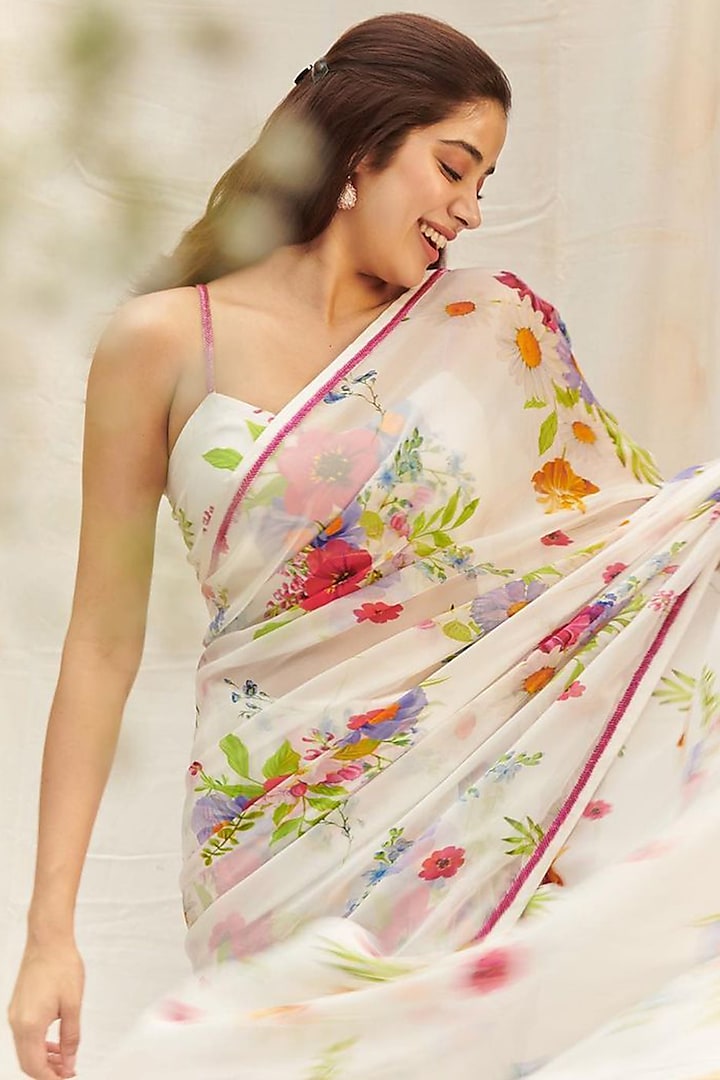 White Organza Floral Printed & Cutdana Hand Embroidered Party Wear Saree Set by DOHR INDIA at Pernia's Pop Up Shop
