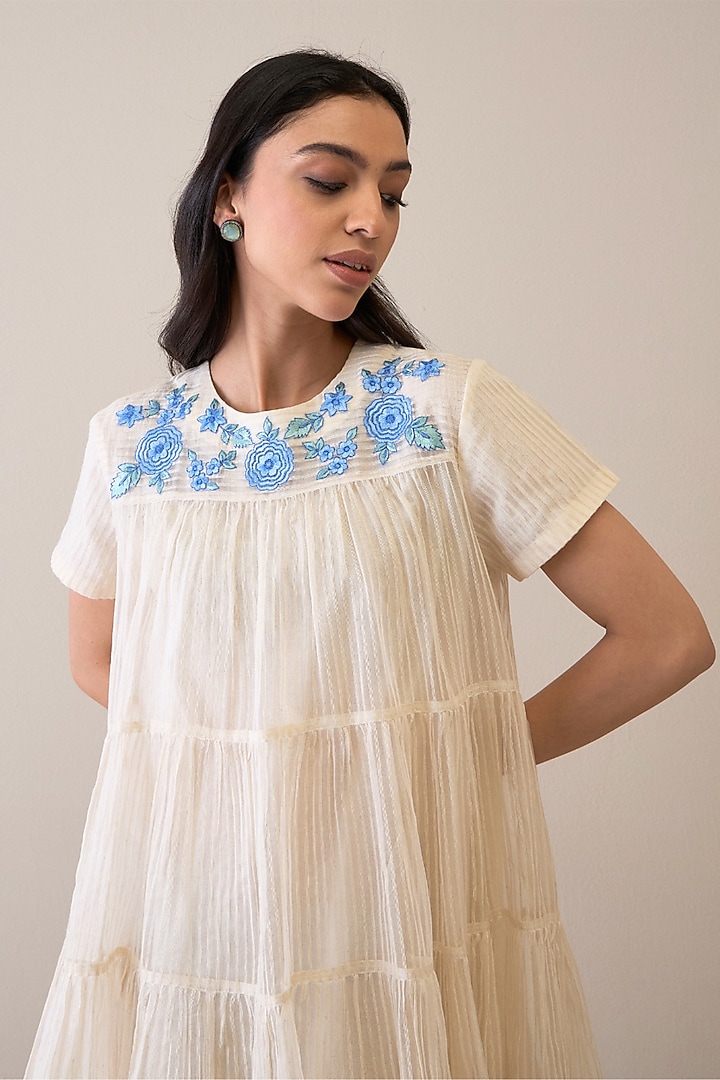 Ivory & Blue Handloom Silk Organza Floral Embroidered Vacation Dress by RoohbyRidhimaa at Pernia's Pop Up Shop