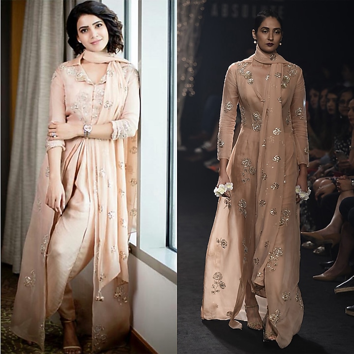 Dusty pink floral embroidered trench coat crop blouse and dhoti pants set available only at Pernia's Pop Up Shop.