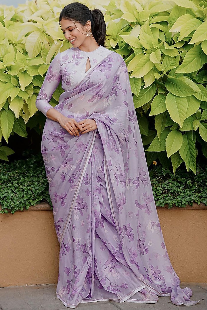 Lilac Organza Floral Printed Saree Set by DOHR INDIA