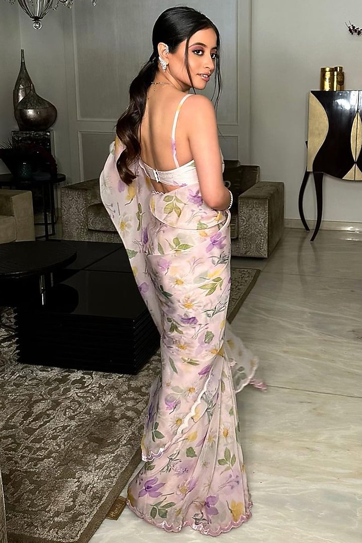 Baby Pink Organza Floral Printed & Applique Embroidered Pre-Draped Party Wear Saree Set by DOHR INDIA at Pernia's Pop Up Shop