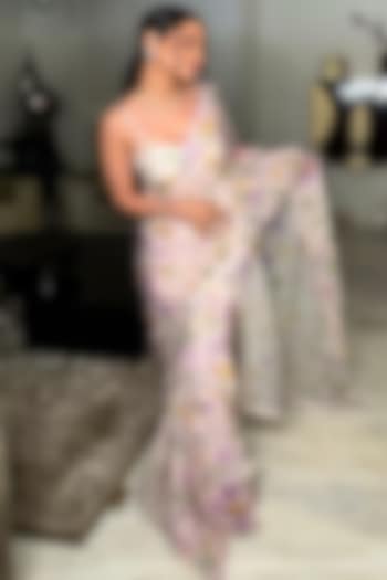 Baby Pink Organza Floral Printed & Applique Embroidered Pre-Draped Party Wear Saree Set by DOHR INDIA at Pernia's Pop Up Shop