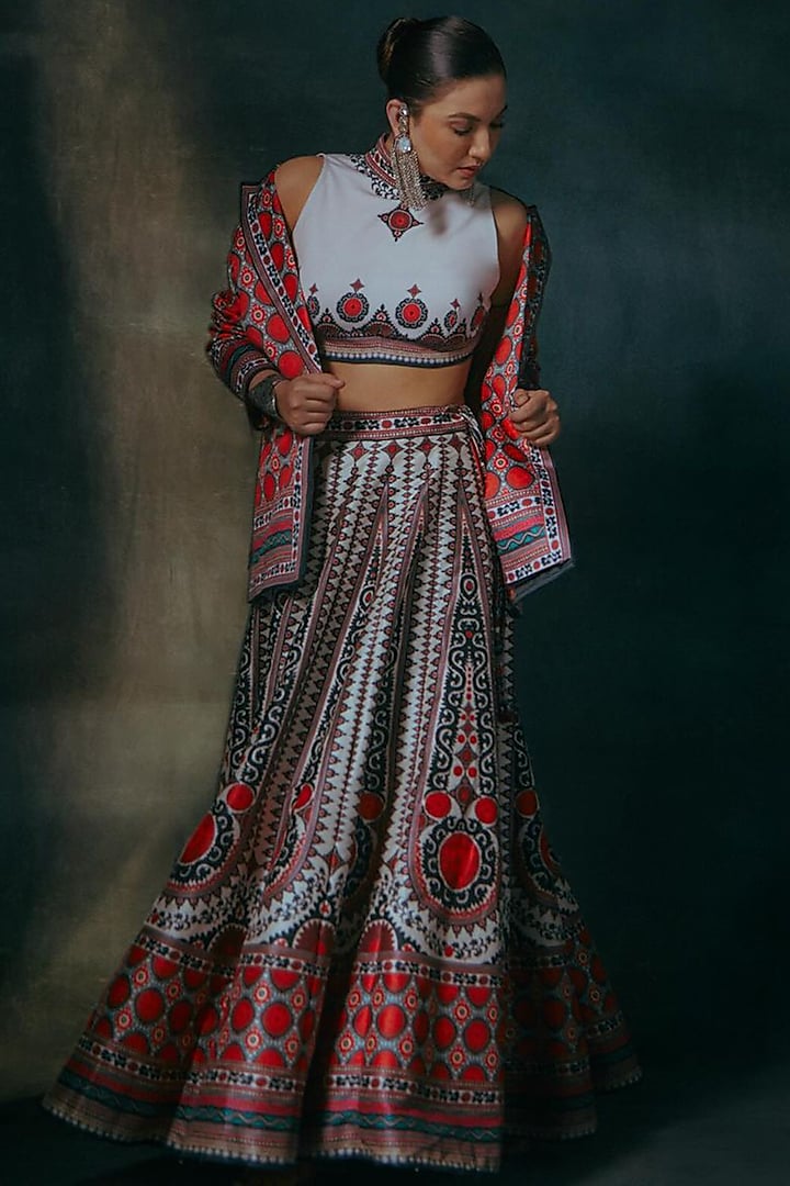 Ivory & Red Printed Skirt Set by Rajdeep Ranawat