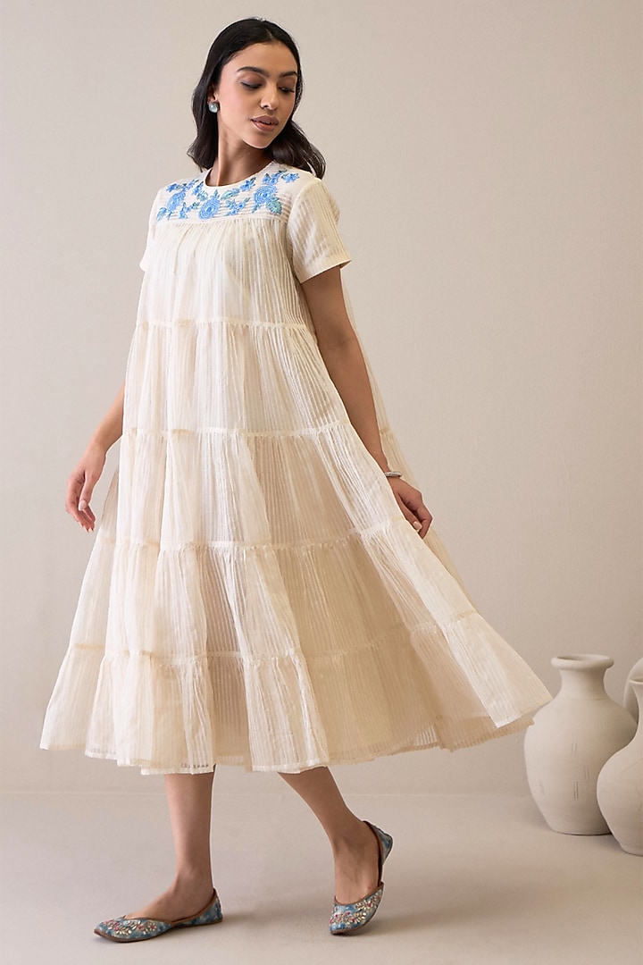 Ivory & Blue Handloom Silk Organza Floral Embroidered Vacation Dress by RoohbyRidhimaa at Pernia's Pop Up Shop