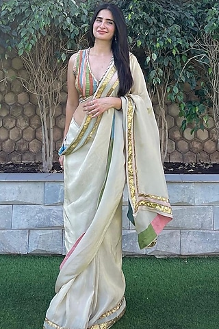 Off White Tissue Silk Saree Set by Affroz