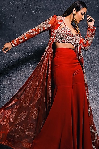 Red Georgette & Net Embroidered Jacket Set by Bhumika Sharma