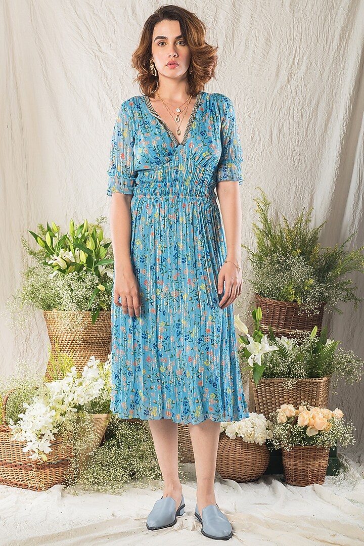 Blue Printed Midi Vacation Dress by Verb by Pallavi Singhee at Pernia's Pop Up Shop