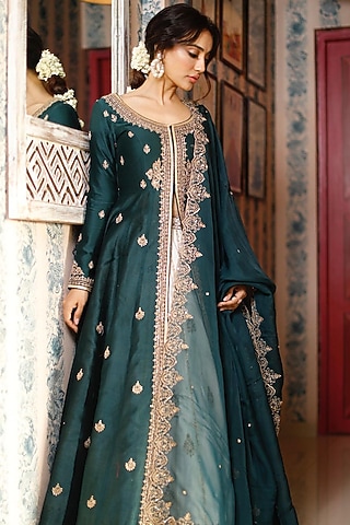 Dark Green Chanderi Hand Embellished Jacket Set by Jigar Mali