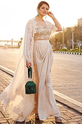 Ivory Floral Embellished Cape Set by Seeaash