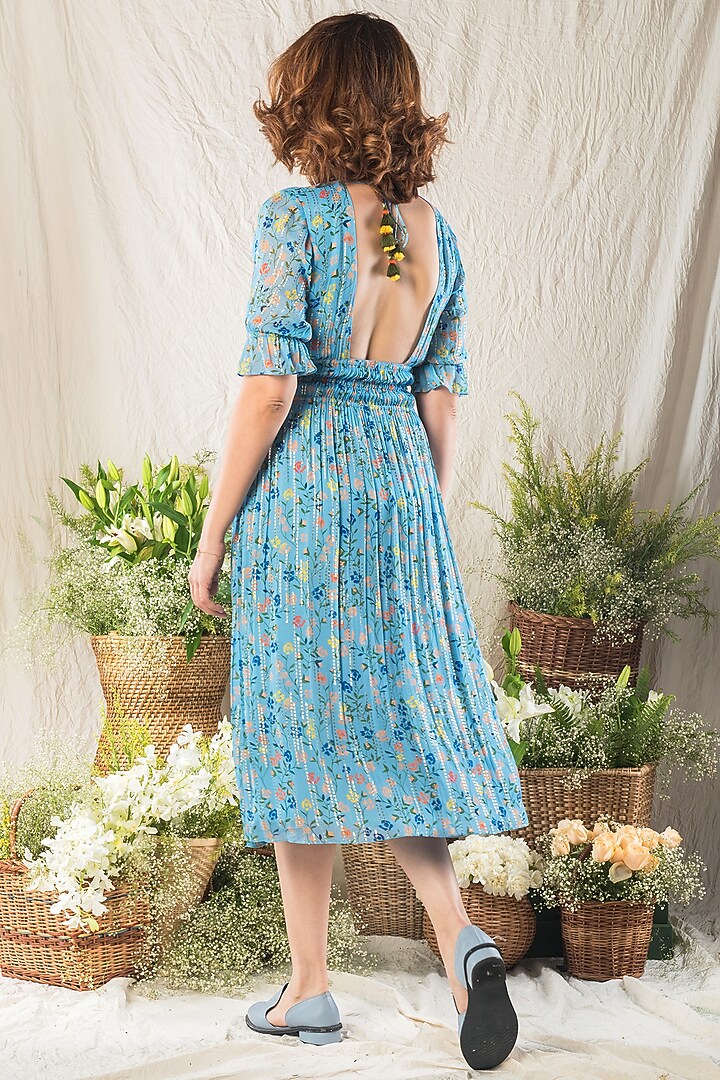 Blue Printed Midi Vacation Dress by Verb by Pallavi Singhee at Pernia's Pop Up Shop