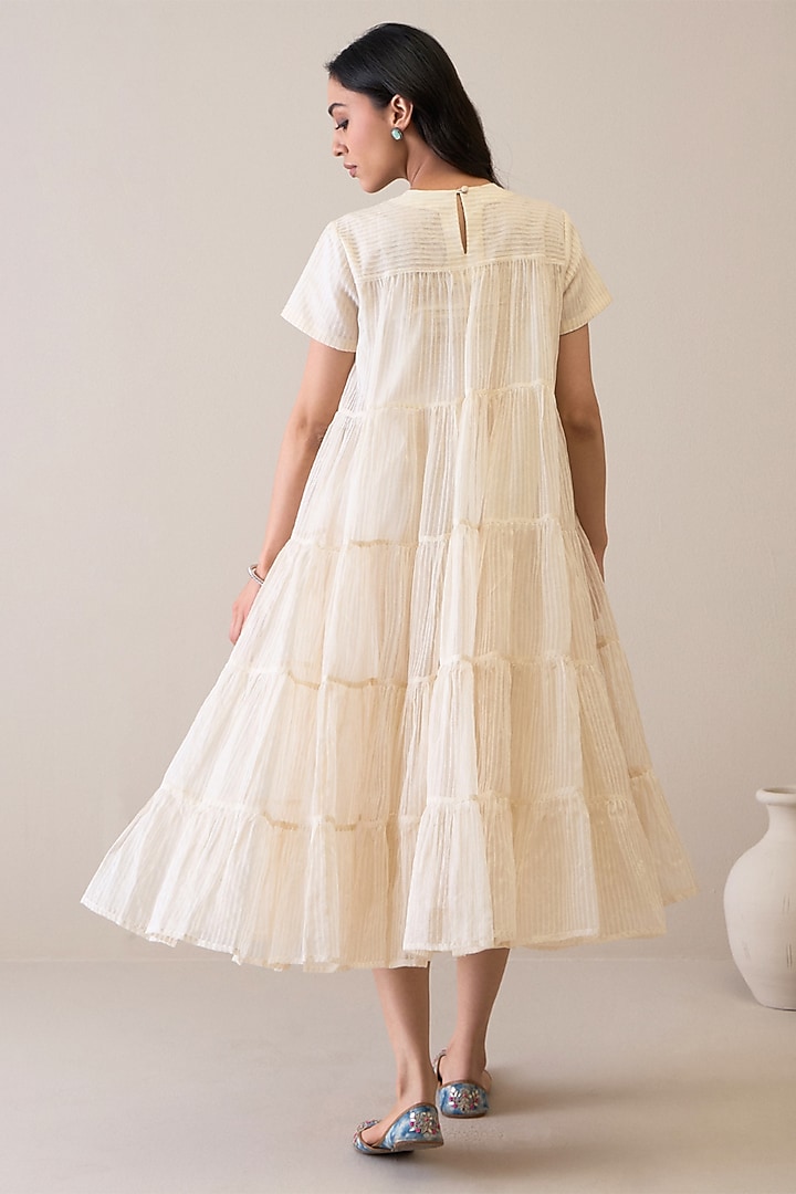 Ivory & Blue Handloom Silk Organza Floral Embroidered Vacation Dress by RoohbyRidhimaa at Pernia's Pop Up Shop
