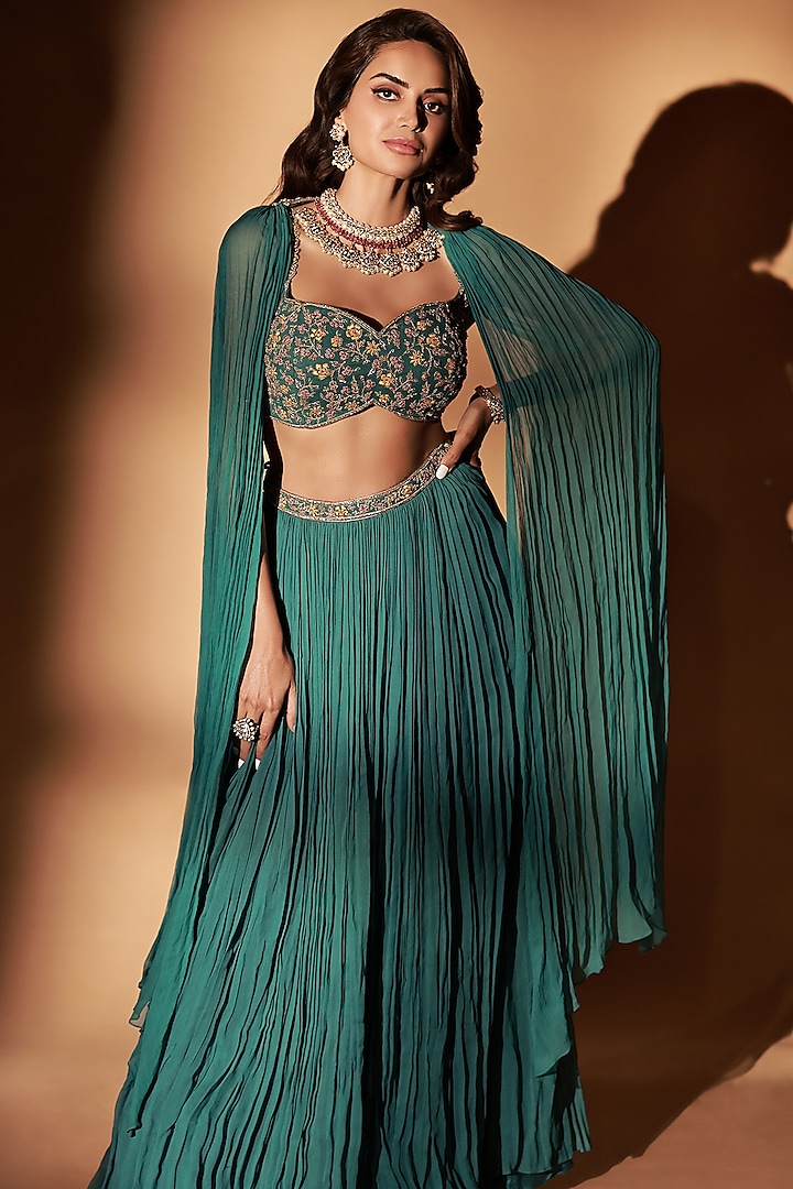 Teal Georgette Thread Embroidered Lehenga Set by Maisolos