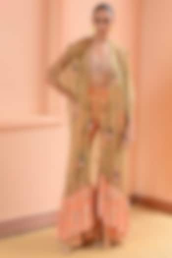 Peach & Sage Green Organza Cape Set by Rishi & Vibhuti at Pernia's Pop Up Shop