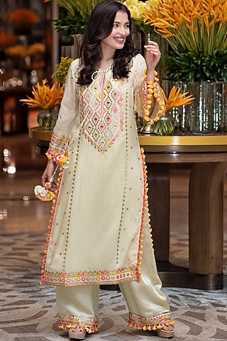 Mint Hand Embroidered Kurta Set by GOPI VAID