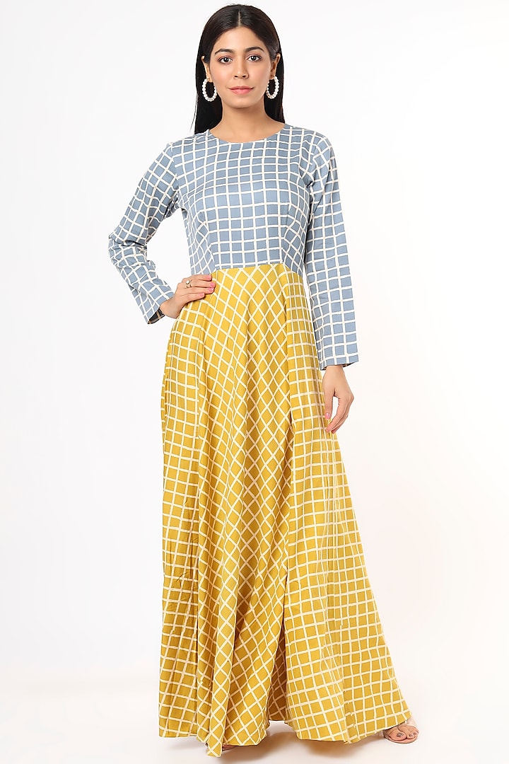 Pastel Blue & Dandelion Yellow Checkered Maxi Dress by 3X9T
