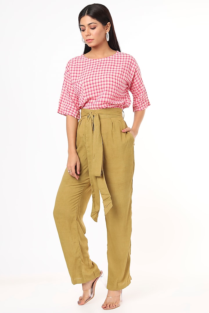 Olive Green Rayon Straight Pants by 3X9T