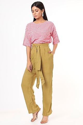 Olive Green Rayon Straight Pants by 3X9T