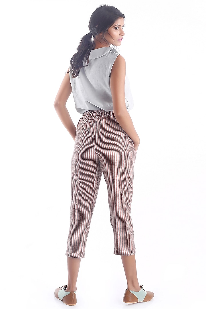 Maroon Cropped Pants With Printed Stripes by 3X9T at Pernia's Pop Up Shop