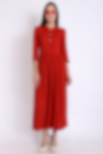 Red Summer Dress With Soft Gathers by 3X9T at Pernia's Pop Up Shop