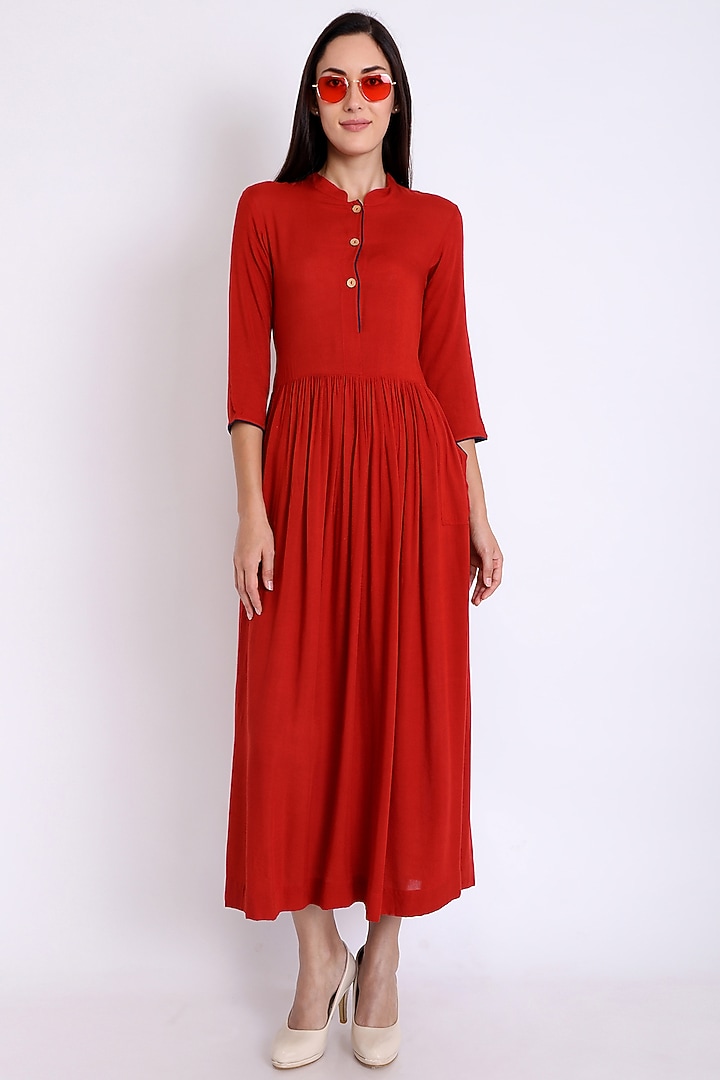 Red Summer Dress With Soft Gathers by 3X9T at Pernia's Pop Up Shop
