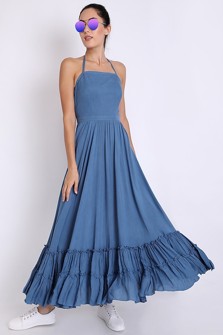 blue halter summer dress Dressystars Blue Halter Homecoming Dress Backless Short Beaded Graduat main image 1
