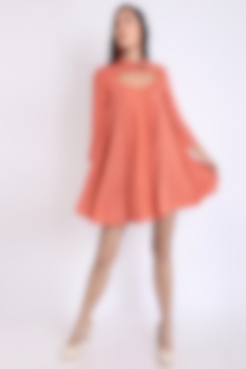 Peach Dress With Cutwork Detail by 3X9T
