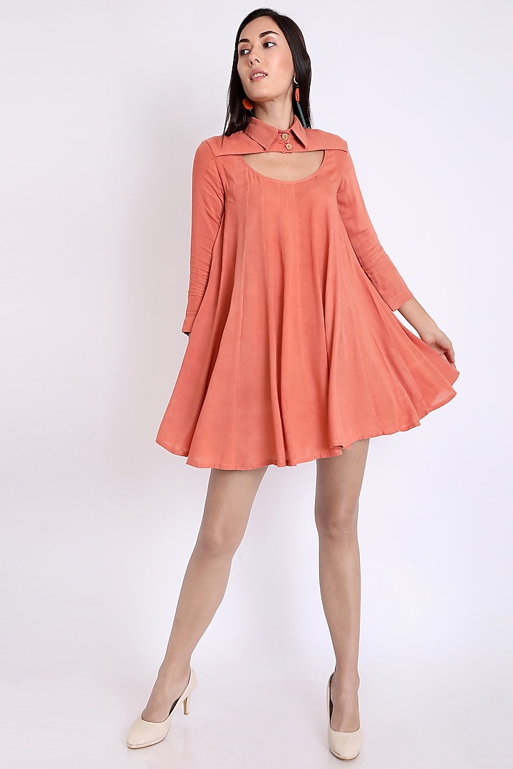 Peach Dress With Cutwork Detail by 3X9T