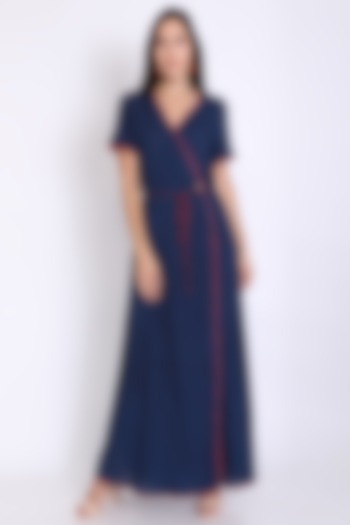 Navy Blue Wrap Dress With Tie-Up by 3X9T