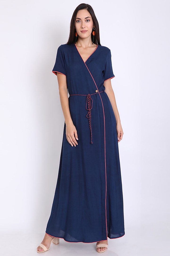 Navy Blue Wrap Dress With Tie-Up by 3X9T