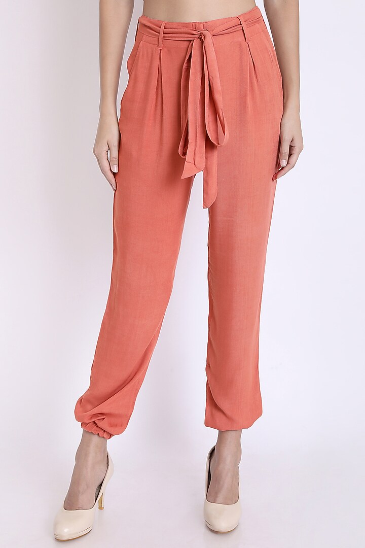 Peach Pants With Tie-Up Belt by 3X9T at Pernia's Pop Up Shop