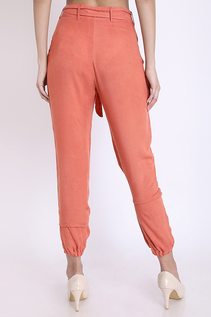 Peach Pants With Tie-Up Belt by 3X9T at Pernia's Pop Up Shop