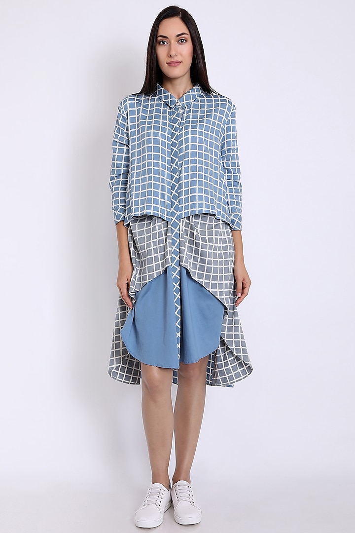 Blue Checkered Printed Shirt Dress by 3X9T