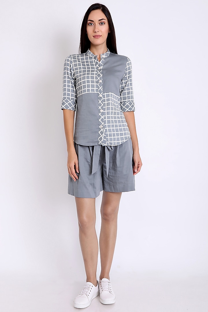 Grey Printed Shirt With Mandarin Collar by 3X9T at Pernia's Pop Up Shop