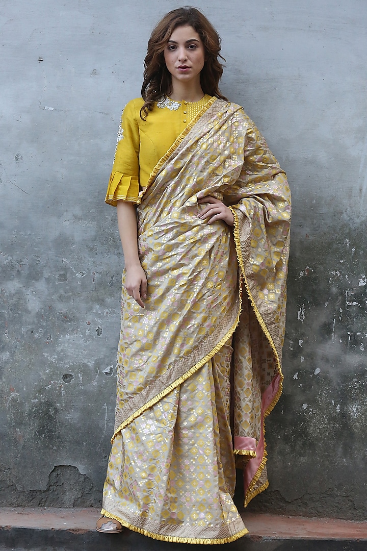 Beige Gold Printed Saree by I AM DESIGN