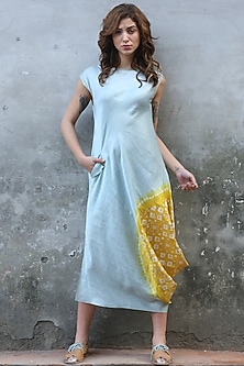 Blue & Mustard Printed Cowl Kurta Dress by I AM DESIGN-TYE & DYE