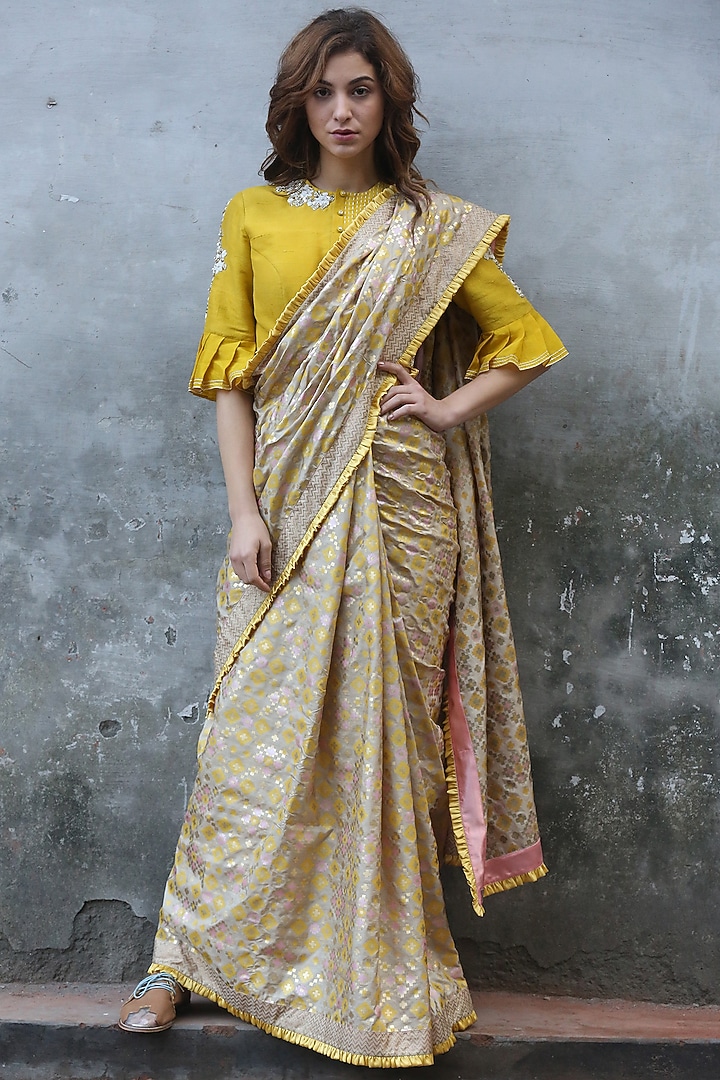 Beige Gold Printed Wedding Saree Set by I AM DESIGN at Pernia's Pop Up Shop