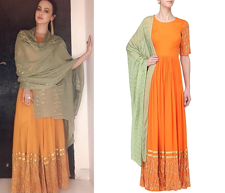 Tangerine and pista embroidered anarkali setavailable only at Pernia's Pop Up Shop.
