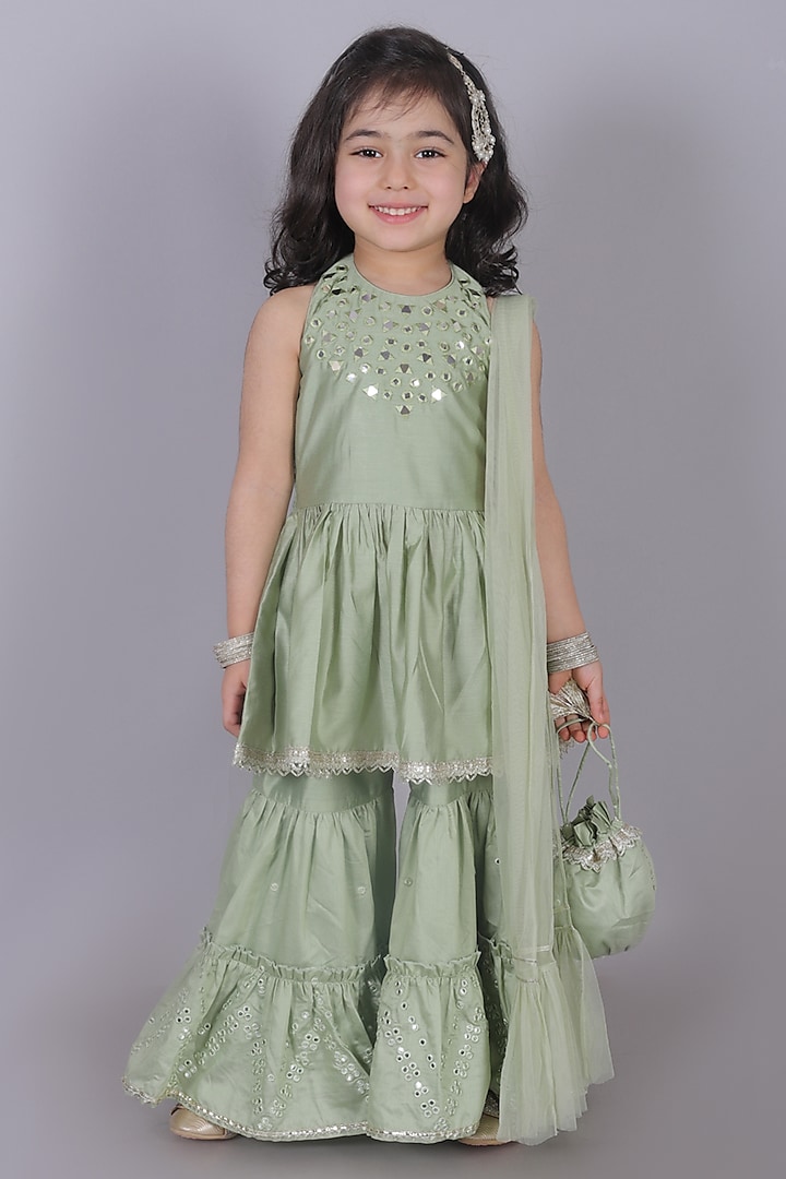 Sea Green Viscose Rayon Flared Sharara Set For Girls by Lil Drama