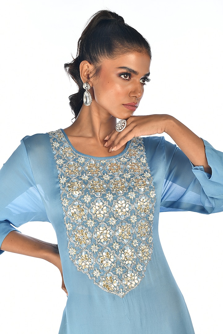 Blue Satin Georgette Sequins Hand Embroidered Kurta Set by Isadaa by Rotna Dutt at Pernia's Pop Up Shop