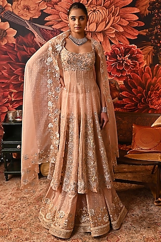 Blush Pink Pure Silk Organza Embroidered Anarkali Set by MOLEDRO