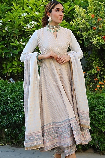 White Wedding Anarkali Set With Woven Motifs by Safaa at Pernia's Pop Up Shop