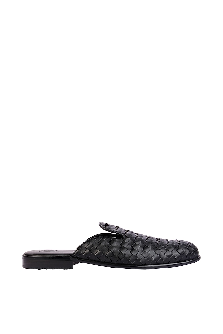 Black Vegan Leather Hand Woven Mules by SKO Men at Pernia's Pop Up Shop