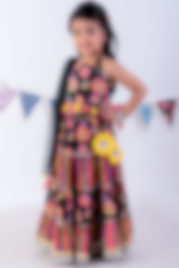 Black Cotton Jaipur Printed Lehenga Set For Girls by Lil Drama at Pernia's Pop Up Shop