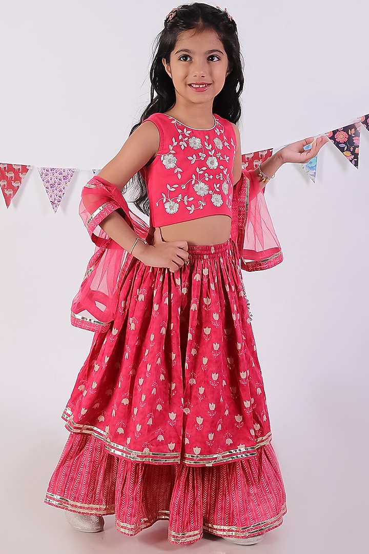 Red Cotton Jaipur Printed Lehenga Set For Girls by Lil Drama at Pernia's Pop Up Shop