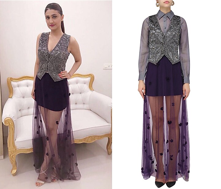 Pewter grey self textured waist coat with shirt and skirt set available only at Pernia's Pop Up Shop.
