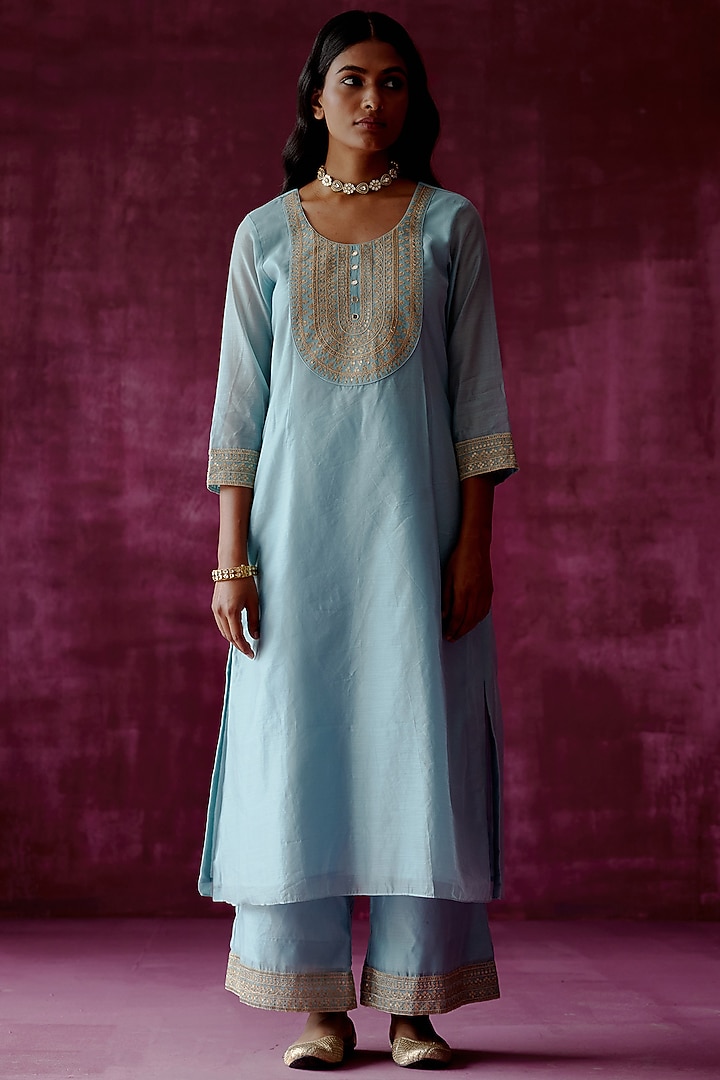 Powder Blue Kurta Set With Embroidery by POULI at Pernia's Pop Up Shop