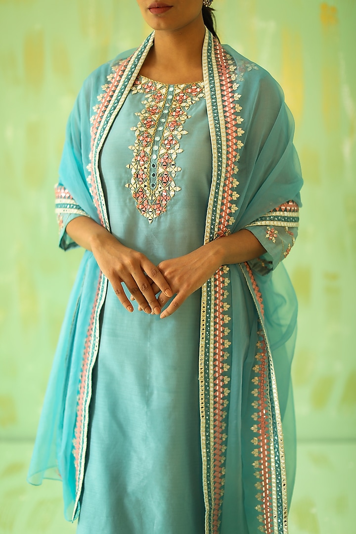 Powder Blue Sequins Embroidered Kurta Set by POULI at Pernia's Pop Up Shop
