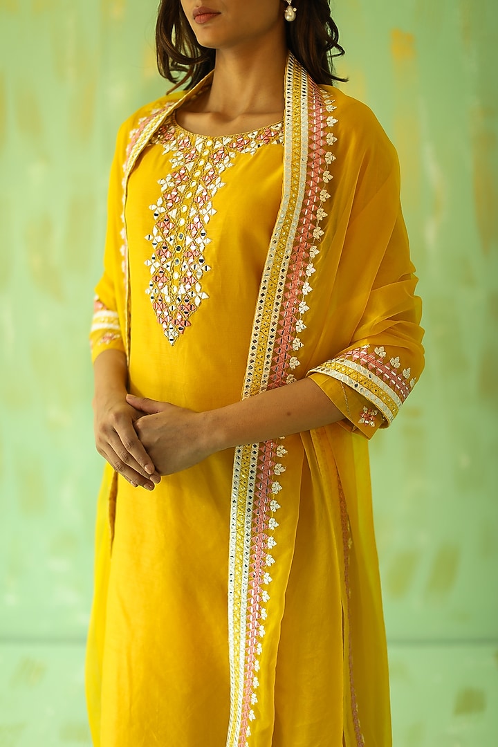 Ochre Yellow Embroidered Kurta Set by POULI at Pernia's Pop Up Shop