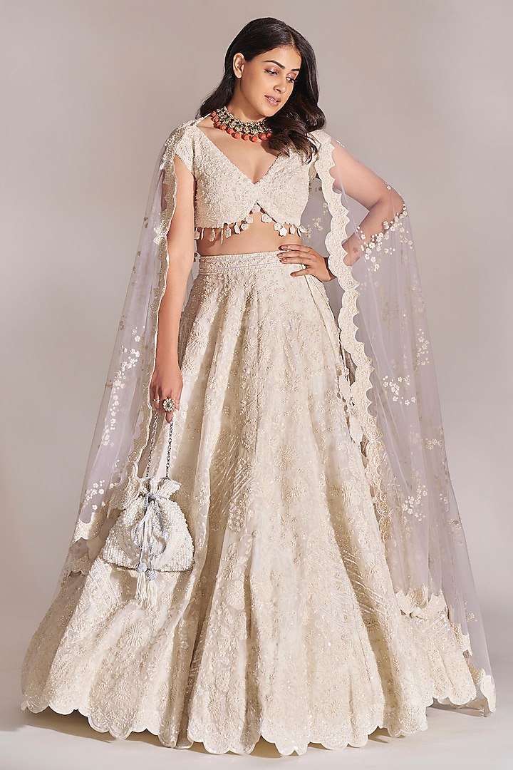 Pigeon White Organza Thread Embroidered Lehenga Set by OSAA By Adarsh